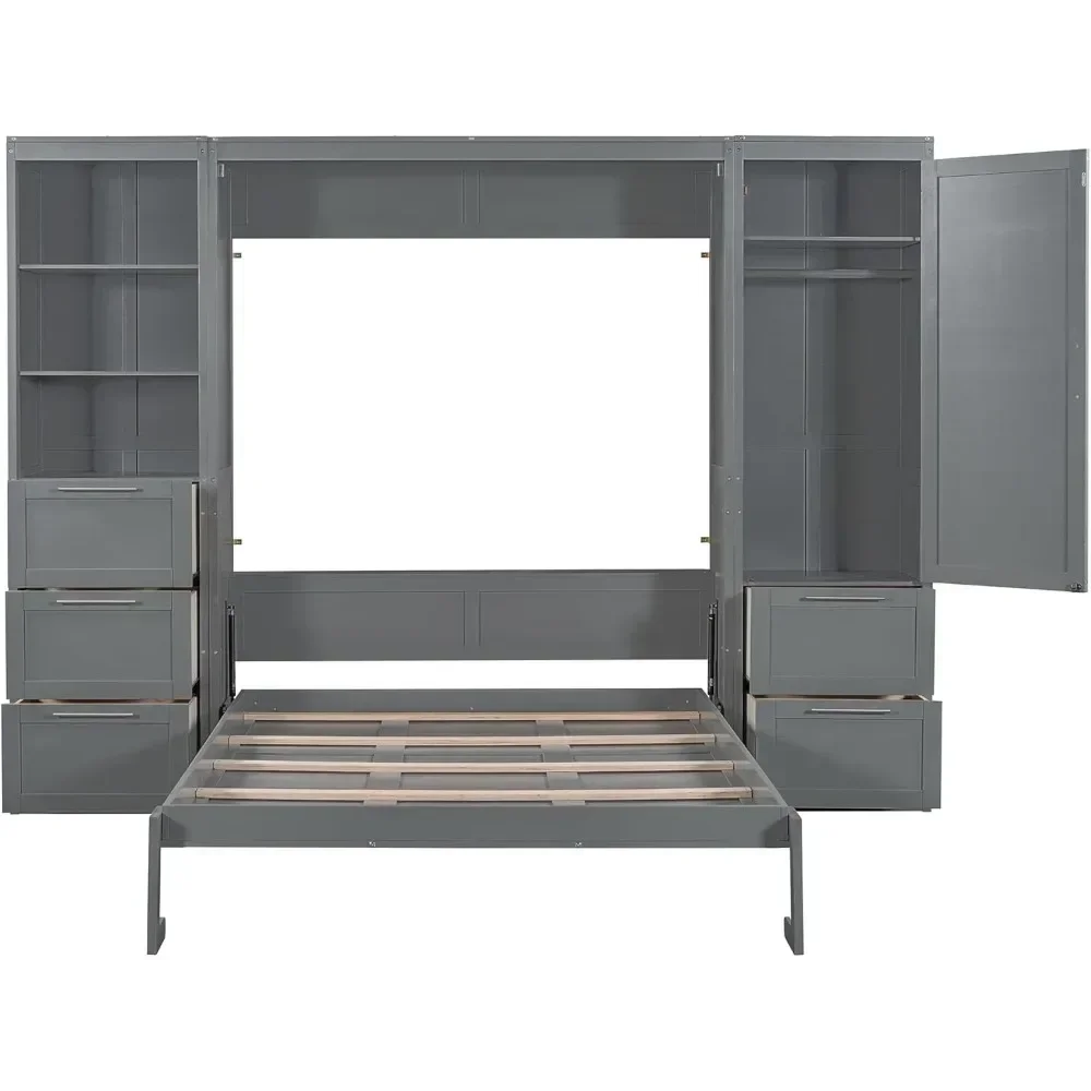 Harper & Bright Designs Queen-Size-Size-Bett mit Schrank, Wandbett mit Schubladen und Regalen, Grau