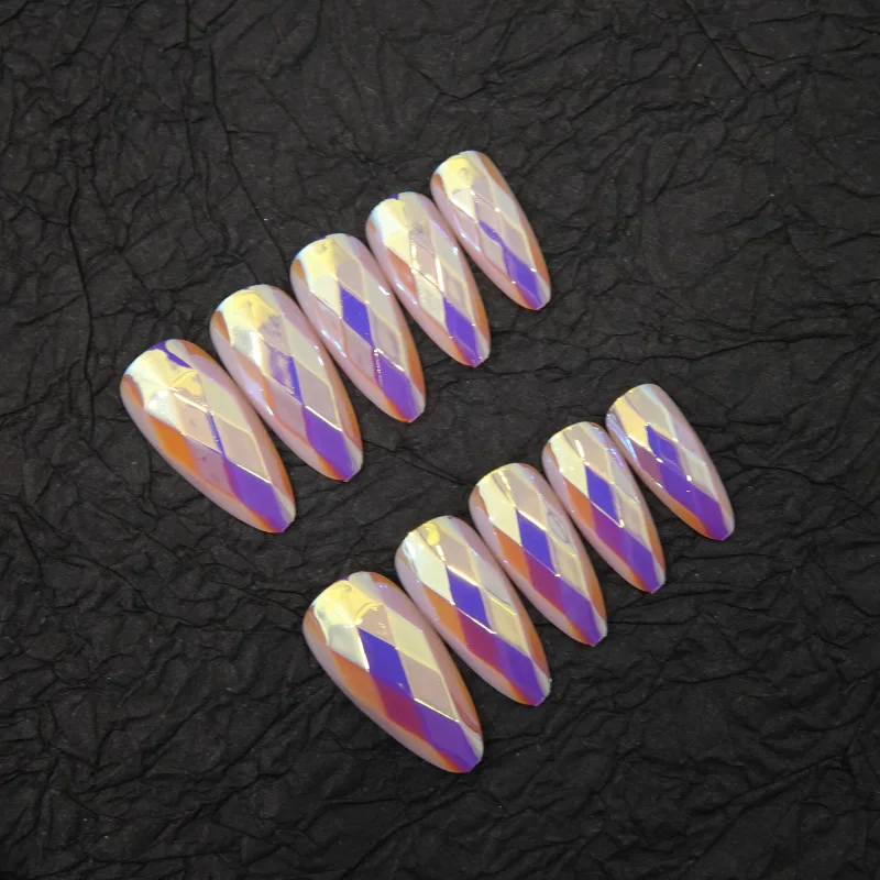 Handmade Medium Almond Press On Nails Iridescent Rhombus Checkerboard Fake Nails Purple Orange Aurora Plaid Trendy Y2K Reusable