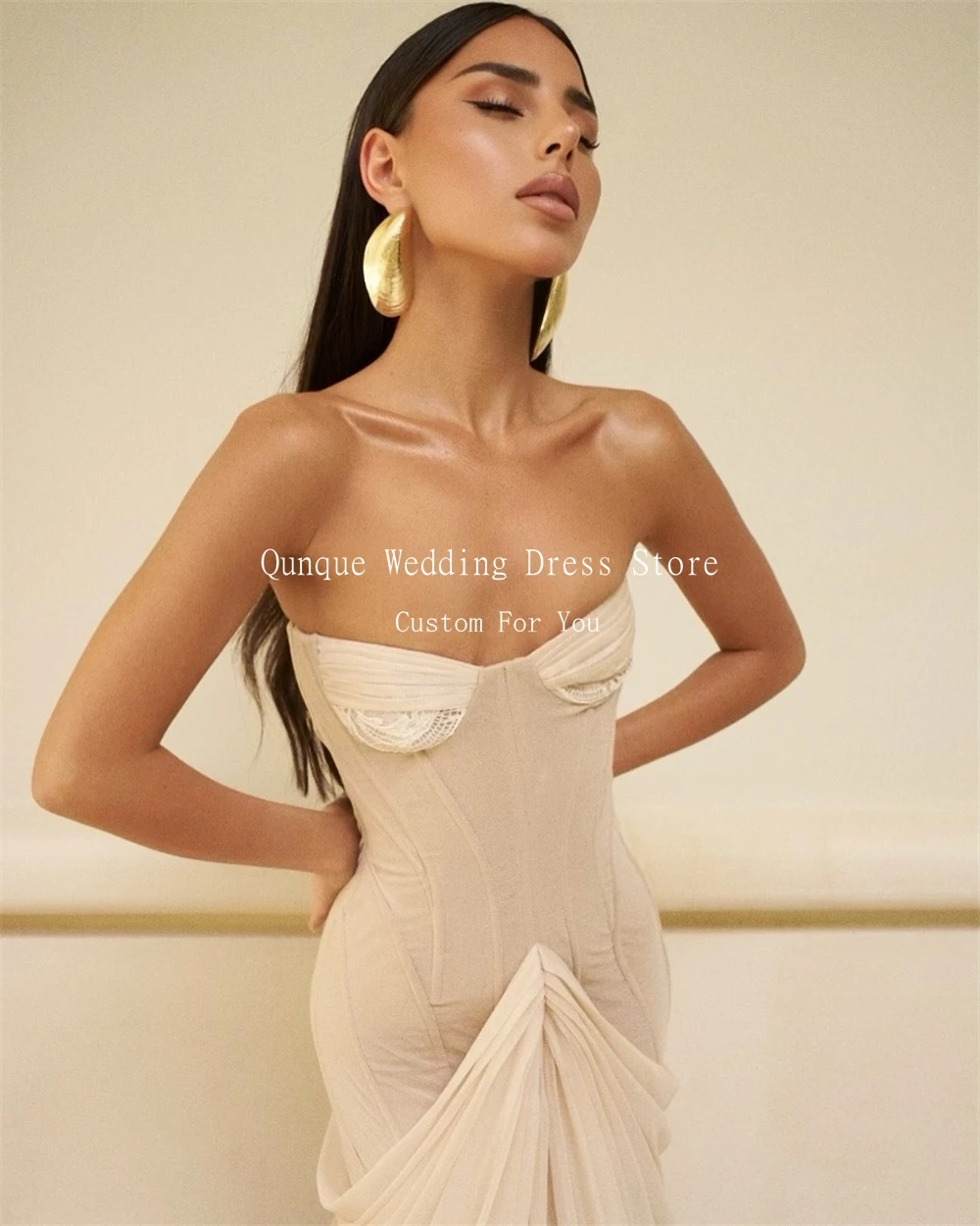 

Qunque Beach Chiffon Evening Gowns A-line Vestidos De Gala Sleeveless Sweetheart Pleated Lace Robe De Soirée Femme Customized