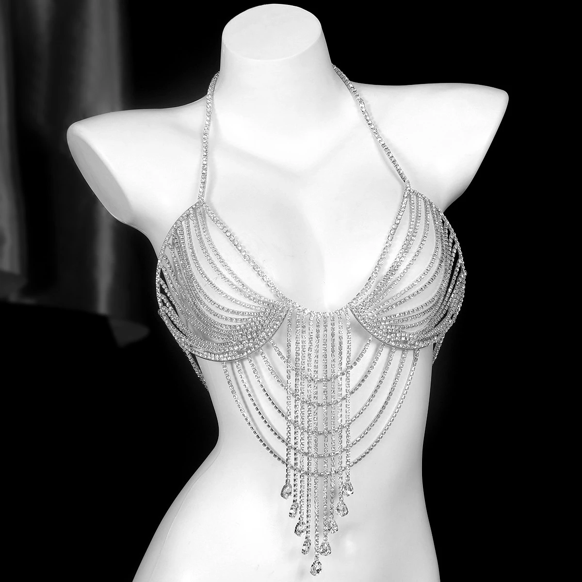 Light Luxury Multilayer  Hollow Out Water Droplet Tassels Rhinestone Chest Chain Nightclub Body Chain