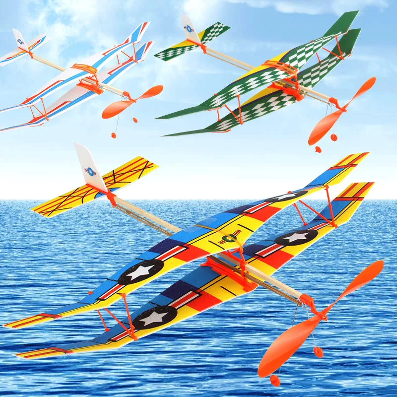 

Novelty Funny Rubber Band Powered Biplane Glider Creative Rubber Band Powered Aircraft Helicopter Model DIY Assembled Toys