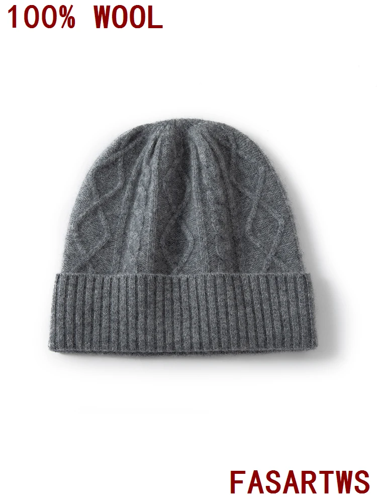 หมวกบีนนี่ หมวกผู้หญิง หมวกฤดูหนาว ใหม่ 100% ขนแกะออสเตรเลีย ถักลายแจ็คการ์ด นุ่ม อุ่น หมวกแฟชั่นลำลองสำหรับผู้หญิง หมวกหนา คุณภาพดี