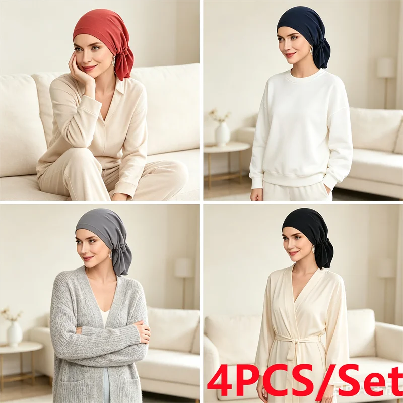 

4PCS/Set Solid Color Beanies Women Chemo Cap Muslim Inner Hijab Hat Stretch Bonnet Instant Headscarf Turban Hair Loss Head Wrap
