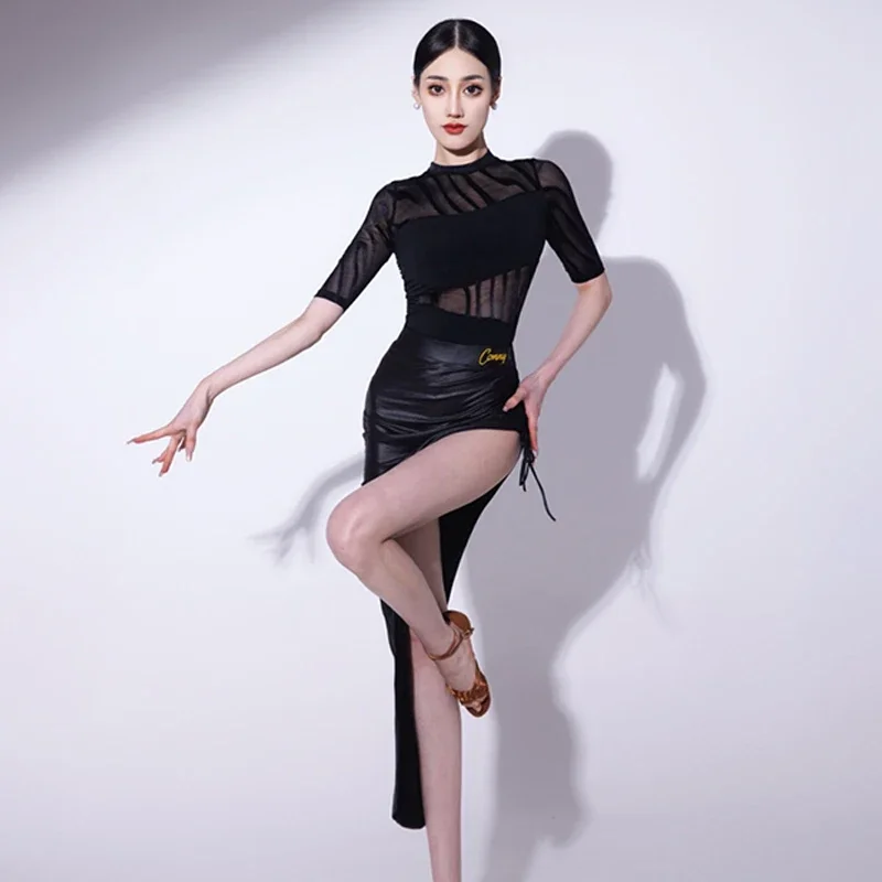 Woman Latin Dance Costume Short Sleeve Top Irregular Long Skirt Samba Cha Cha Dancer Dress Stage Performance Clothing YS5432