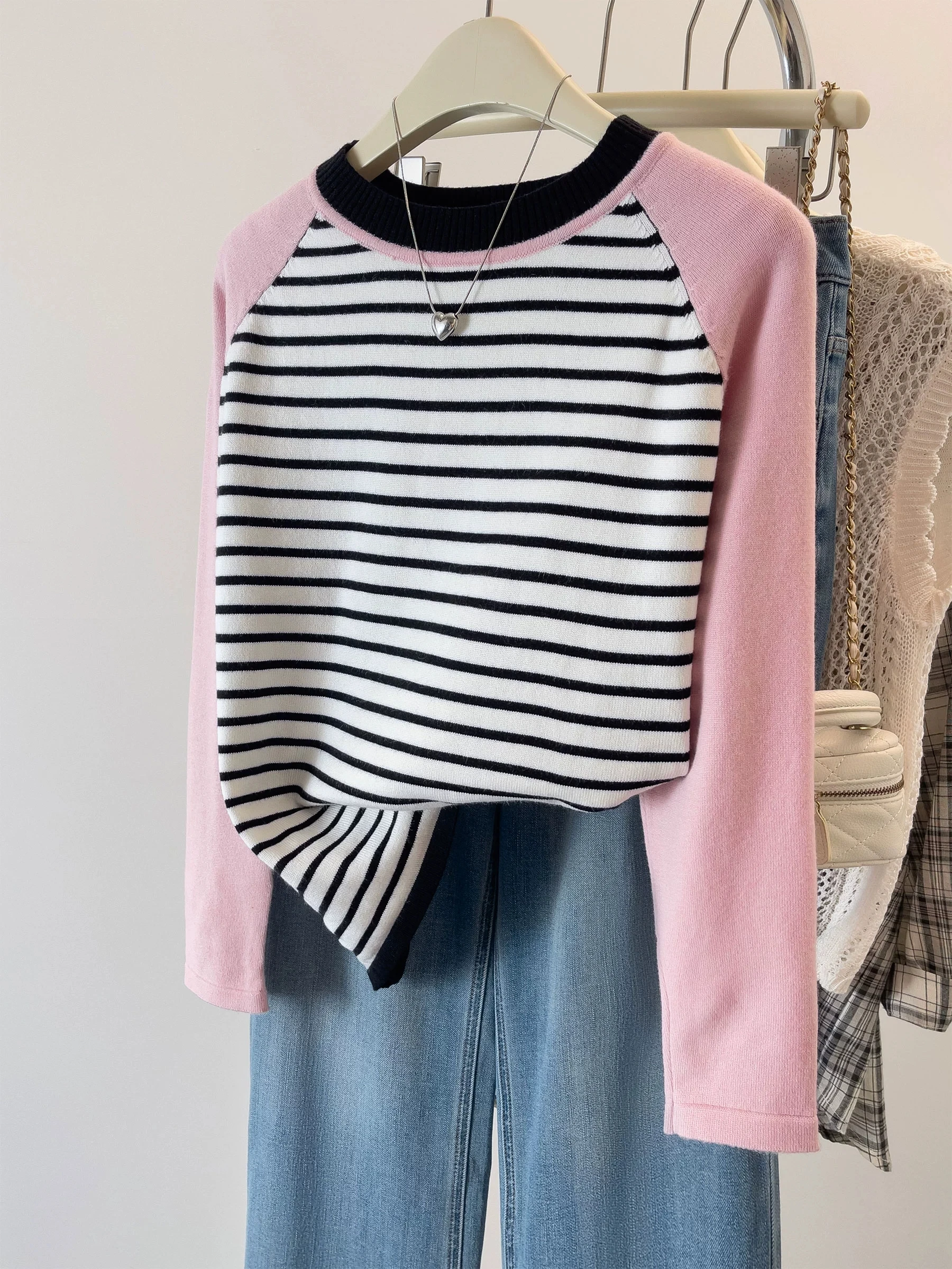 

Женский вязаный свитер больших размеров, круглый свободный крой, осень-зима, утягивающий базовый слой, полосатый цветной трикотаж