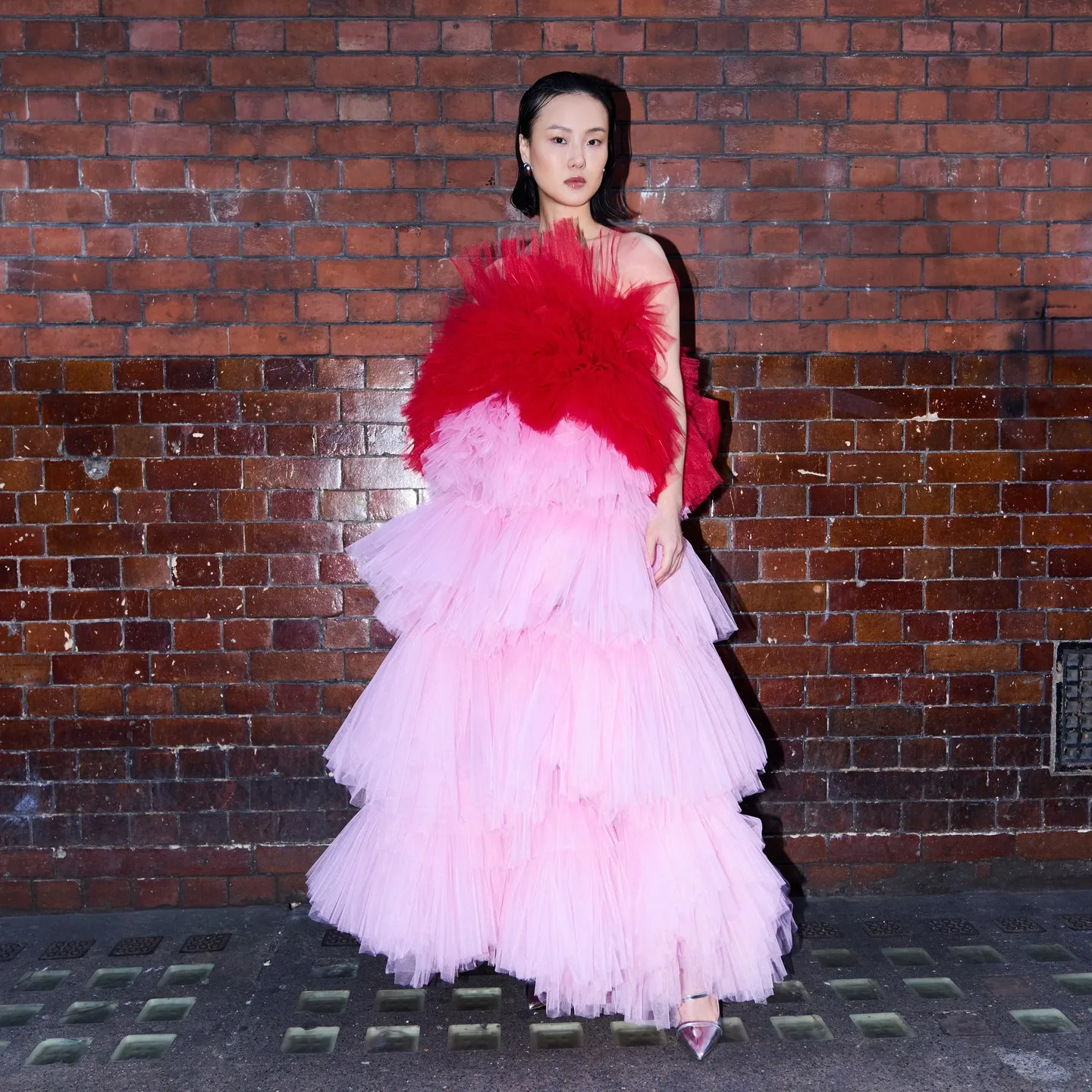 Pretty Handmade Red And Pink Layered Tulle Women Formal Dresses With Bow Back Strapless Tulle Long Engagement Party Dress