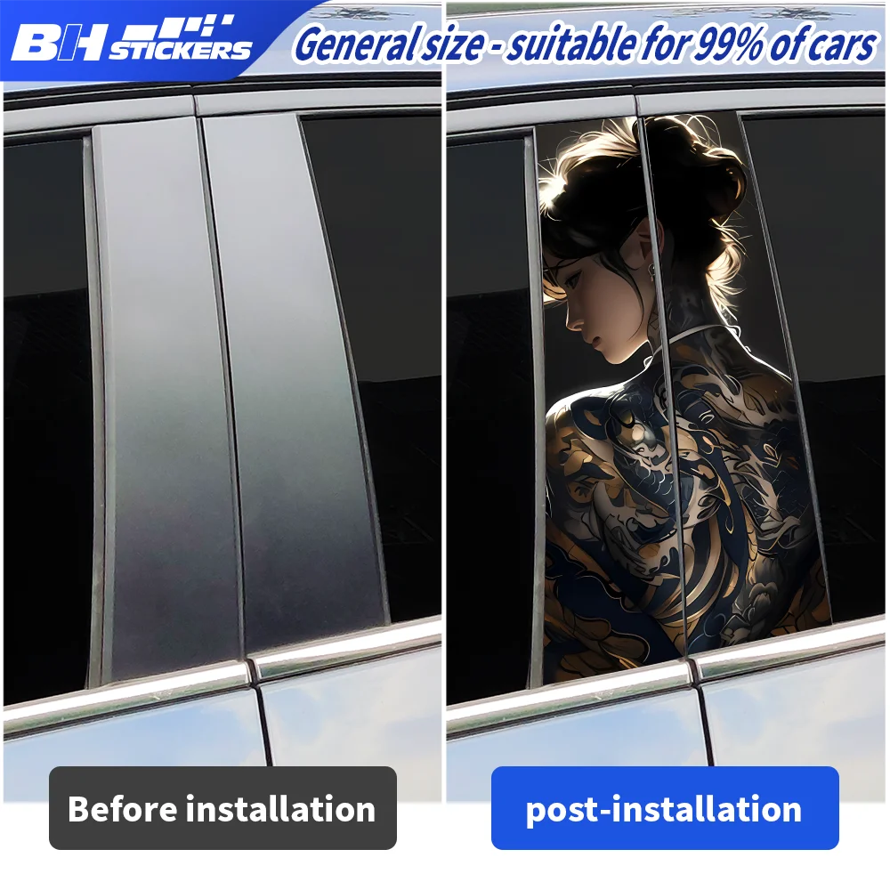 Japanese Tattoo Girl Car B-Pillar Stickers Cool Anime Woman Decals Waterproof Door Window Pillar Protection Film Vehicle Wrap view 2