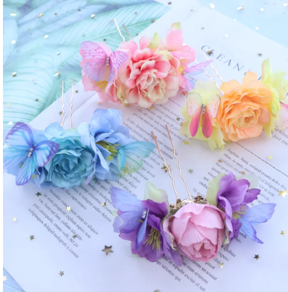 Hair accessories original flower butterfly hair crown costume performance hairpin silk flower Hanfu headdress