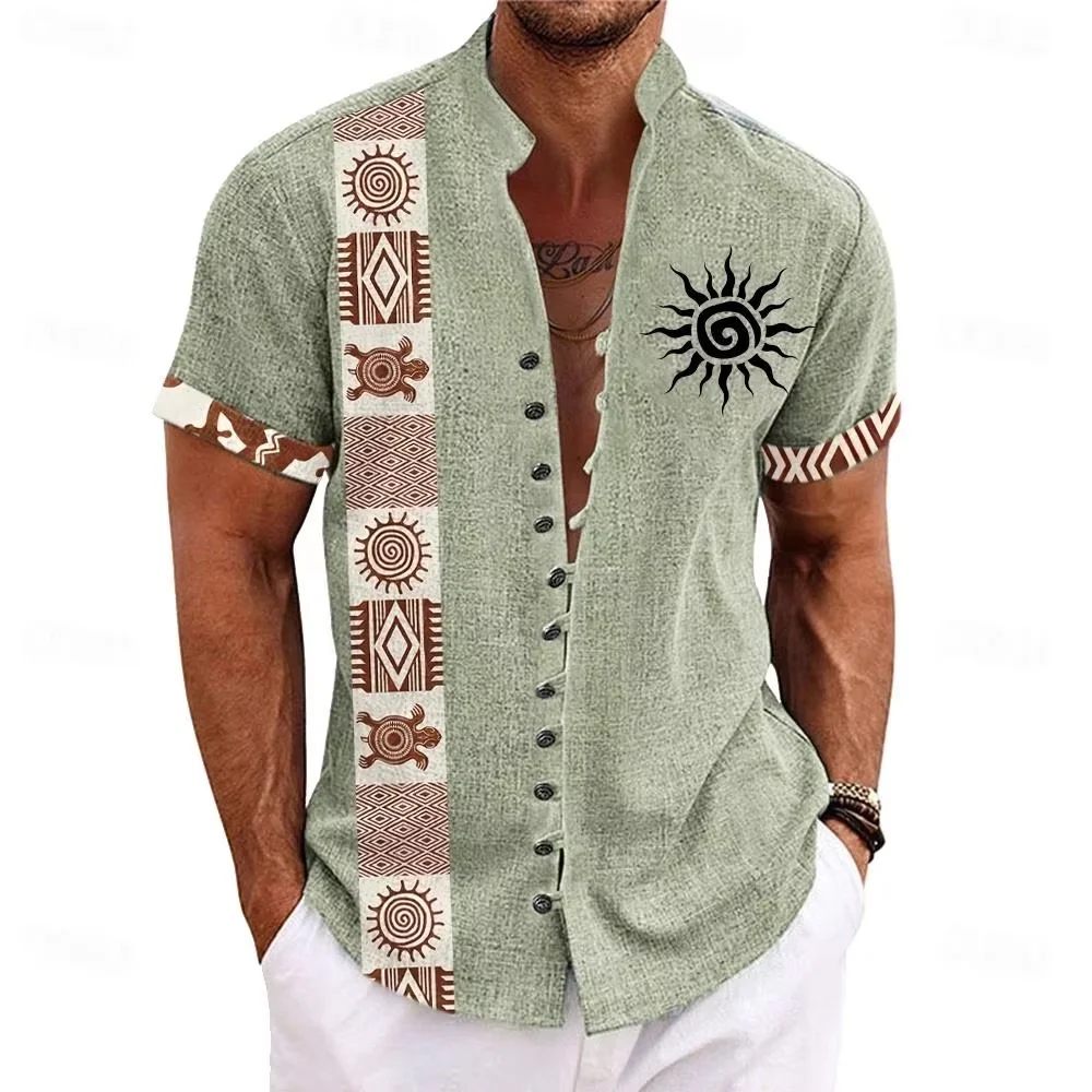 

2025 new men's linen short-sleeve shirt, stylish retro style, ethnic totem print, comfortable and breathable, men's top.