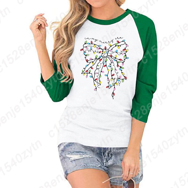 Christmas Light Bow In My Merry Era Print Shirts Summer Seven Sleeves T Shirts Women Round Neck Tops Three Quarter Sleeve Shirts