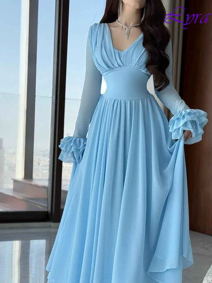 تخصيص ألف خط الخامس الرقبة طويلة الأكمام أنيقة مساء اللباس الرسمي حساسة المشاهير أثواب أزياء عالية الجودة حزب اللباس