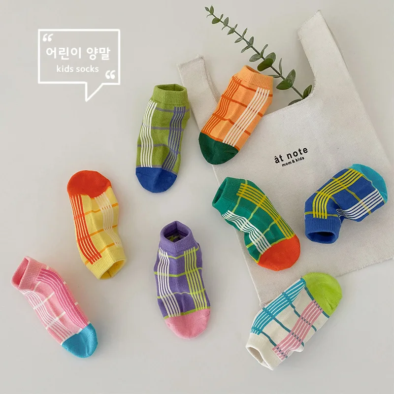 

1-8Year 4 Pairs 2022 spring new color-block fine plaid socks shallow mouth boys and girls boat socks