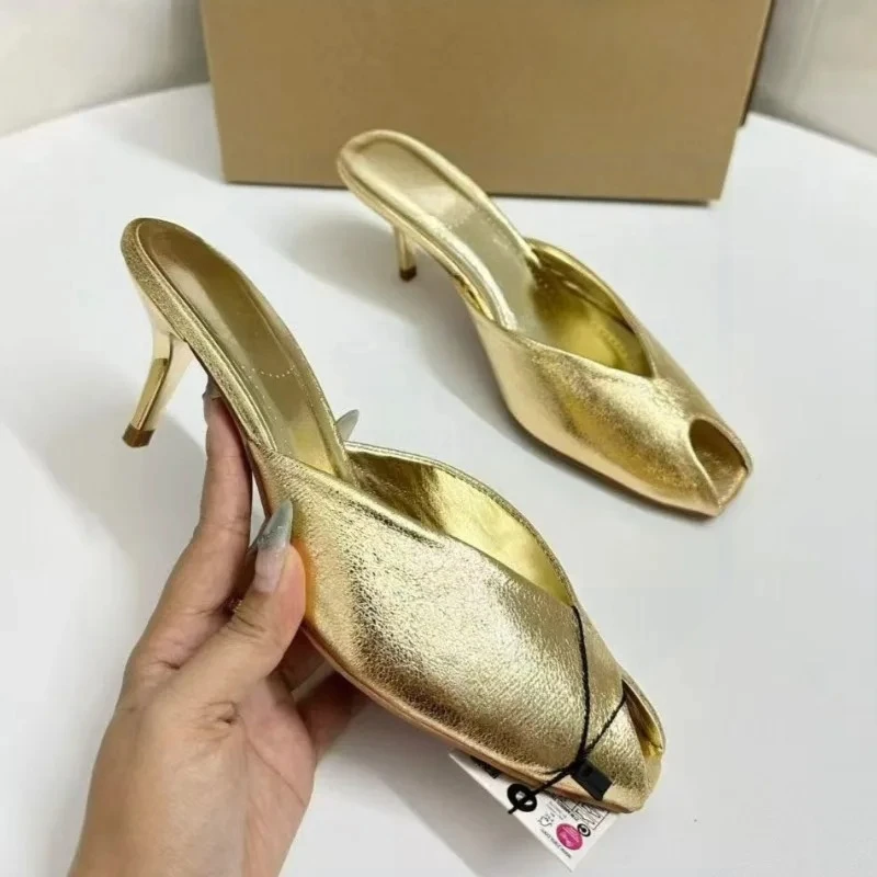 Women's Pumps Designer Gold Women Mules Sandals Luxury High Heels for Women Fashion Peep Toe Party Dress Shoe Summer Modern Shoe view 4