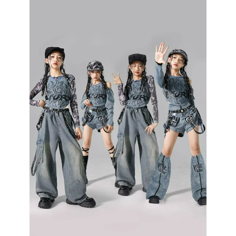 

Костюм для джазовых танцев для девочек, джинсовый костюм для девочек, детский костюм для уличных танцев, одежда для показа мод