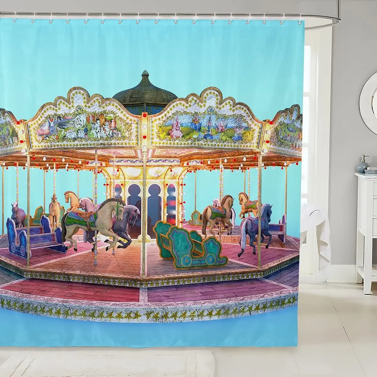 Carousel Shower Curtain Waterproof Polyester Fabric,Amusement Park Bath Curtains Home Bathroom Decor Hanging Curtain with Hooks