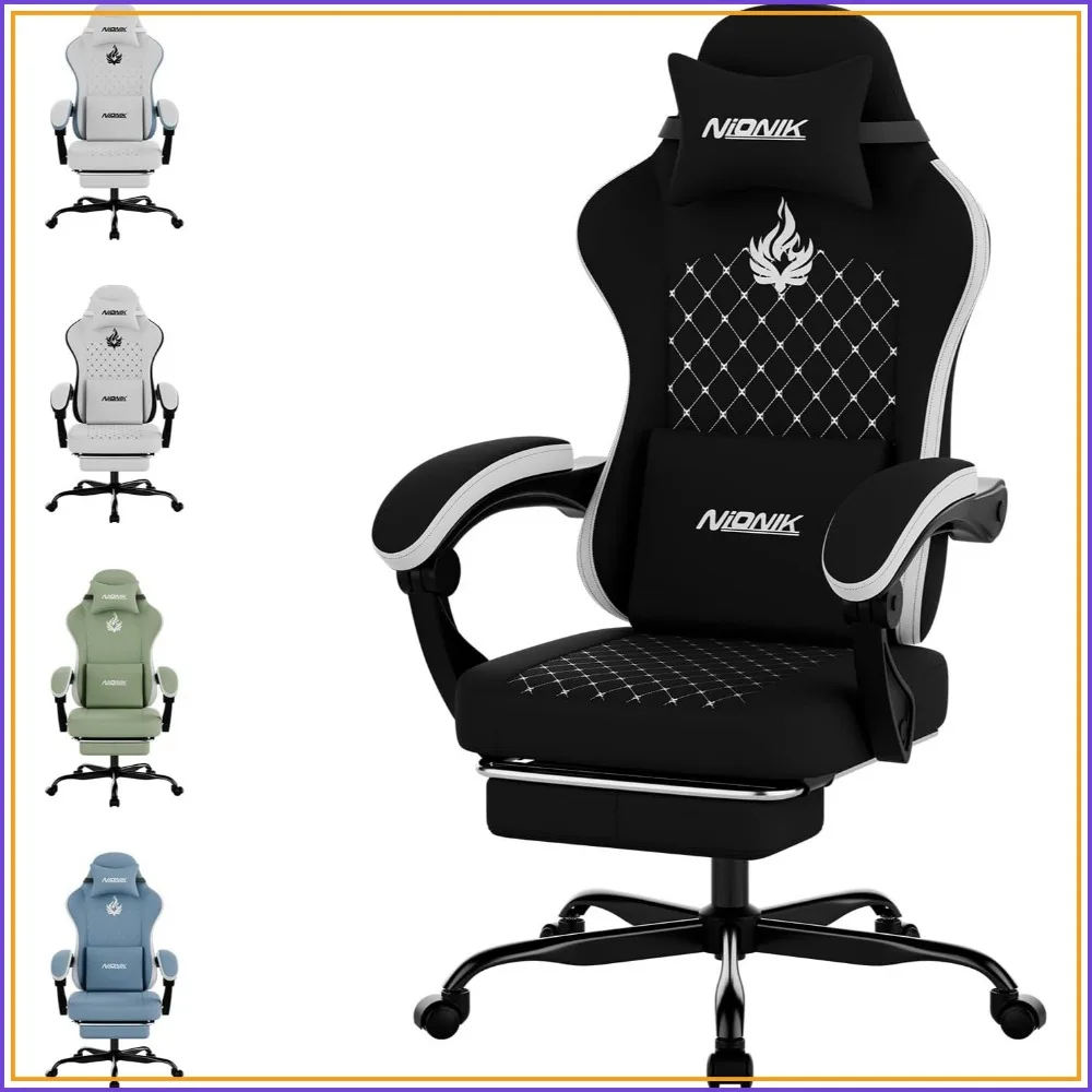 

Massage Gaming Chair Ergonomic PC Chair with Footrest Adjustable Headrest Lumbar Support High Back Black/White