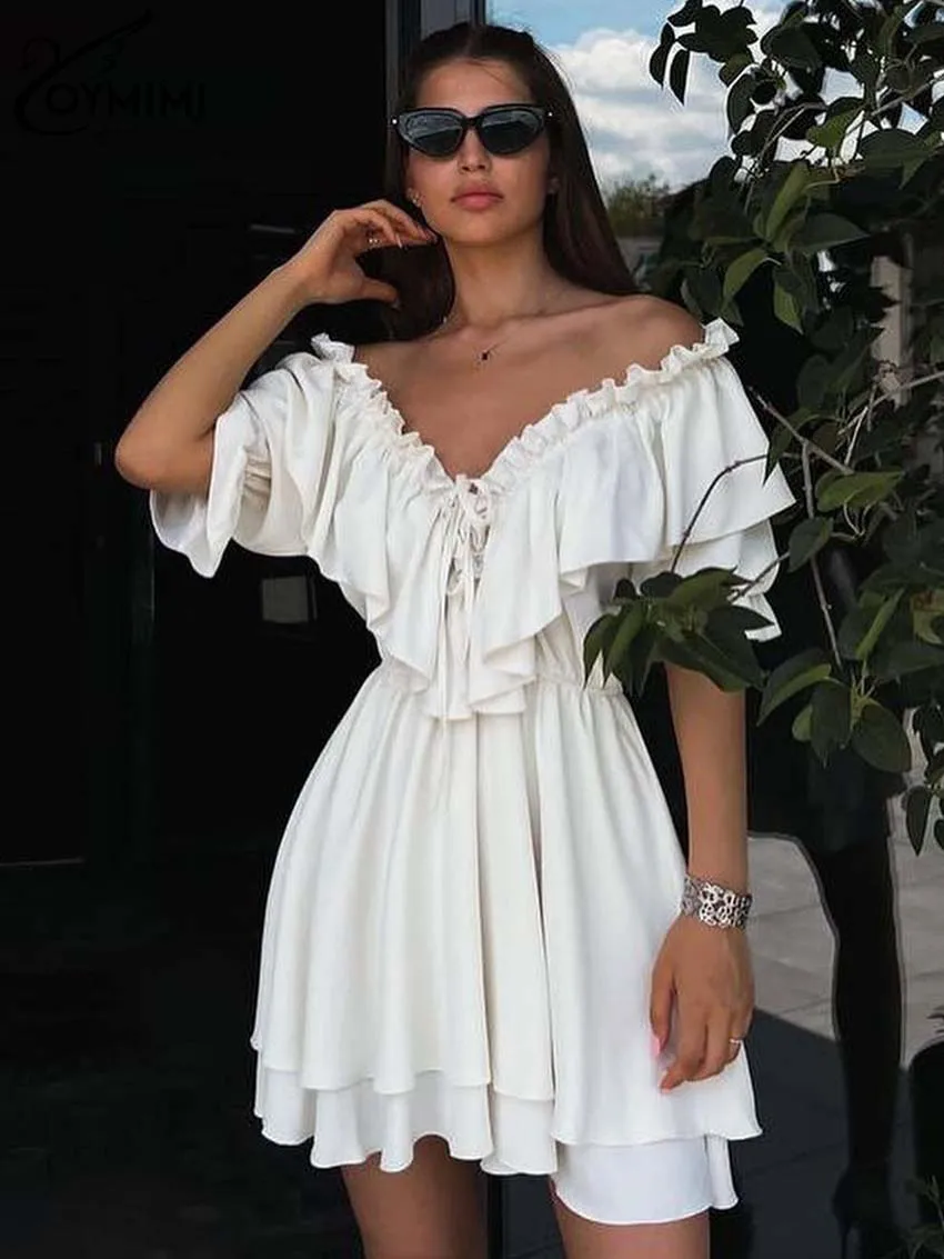 Oymimi Elegant White Ruffled Dresses 2024 Women Fashion Lace-Up Half Sleeve Solid Dresses Autumn High Waisted Pleated Mini Dress