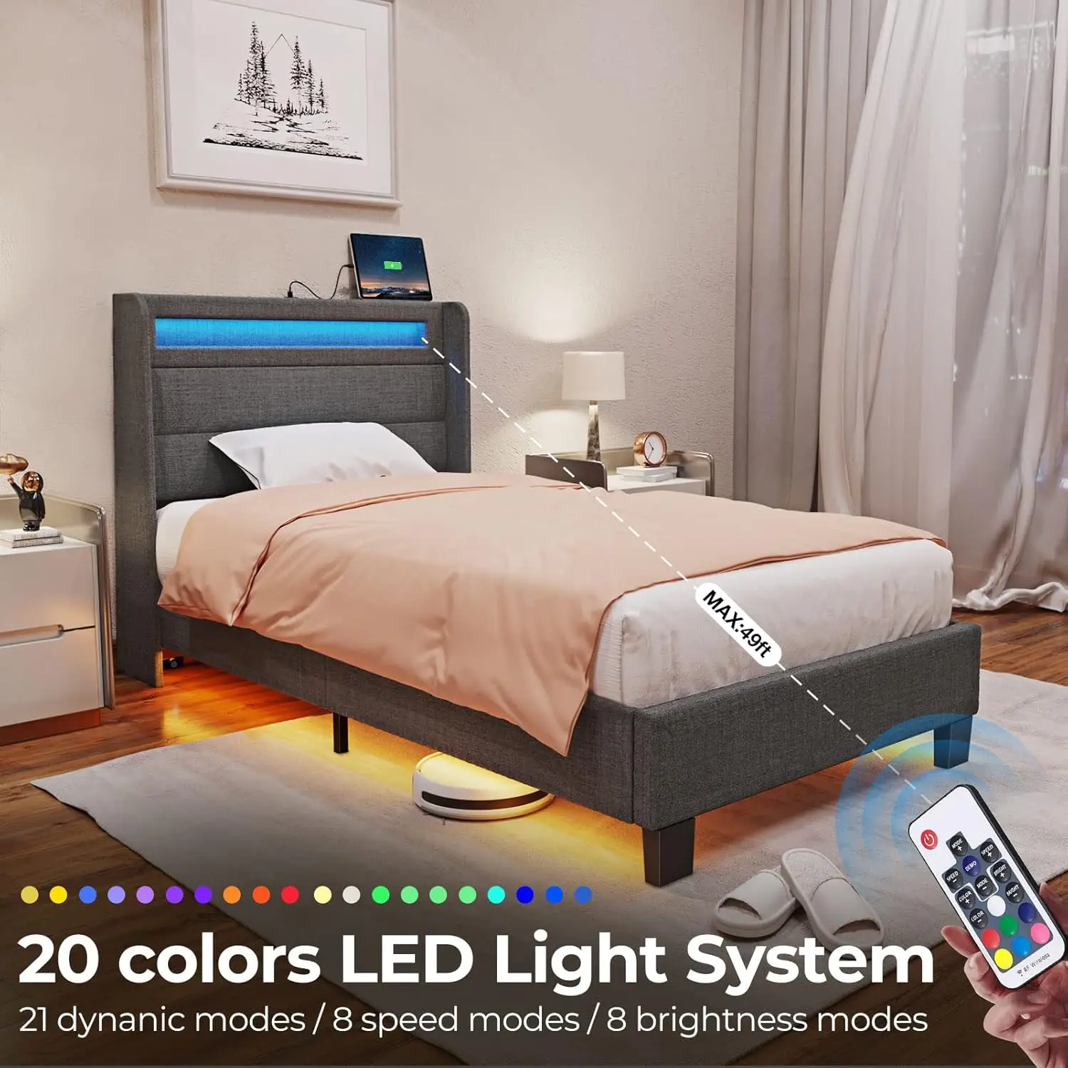 Bed Frame Twin Size with LED Lights and Charging Station, Upholstered Bed with Motion Activated Night Light and Wood Slats, Dark