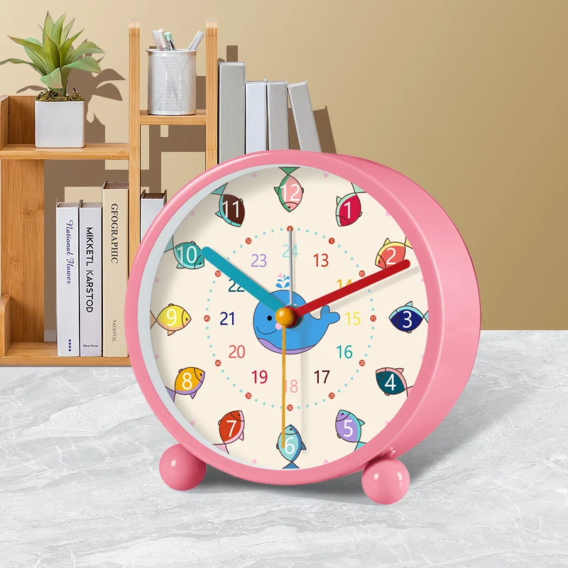 Round Night Light Desk Clock Metal Frame Cartoon Digital Alarm Clock Early Education Bedroom Study Living Room Desktop Decor