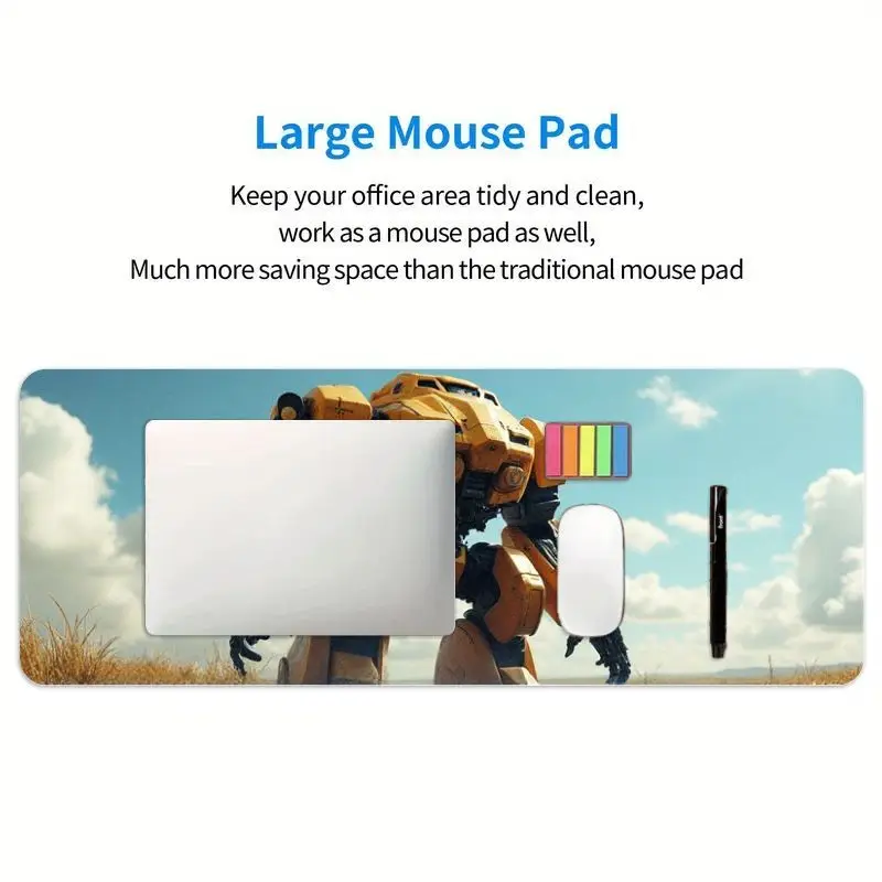 لوحة ماوس ألعاب ممتدة من Epic Yellow Mech Robot، طباعة Sci-Fi Desert Landscape HD، حصيرة مكتب غير قابلة للانزلاق لألعاب الكمبيوتر/المكتب، عيد الميلاد