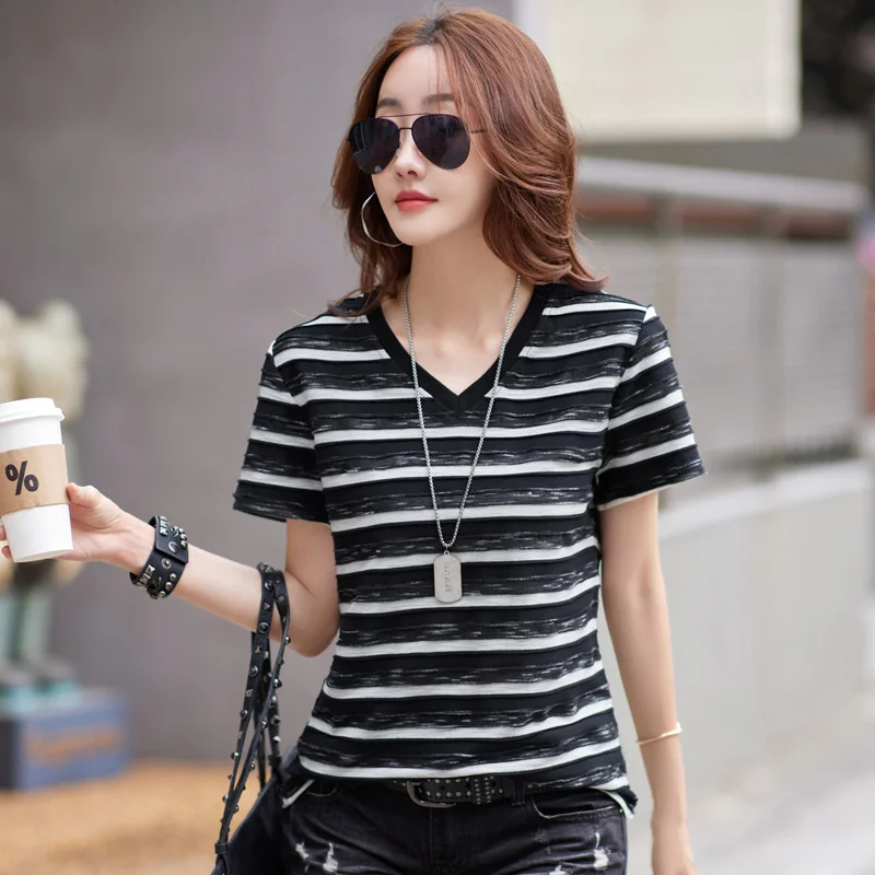 #0274 Summer Striped T Shirt Women Short Sleeve V-neck Vintage T-shirt Femme Slim Spliced Color Cotton Thin Streetwear Tshirt