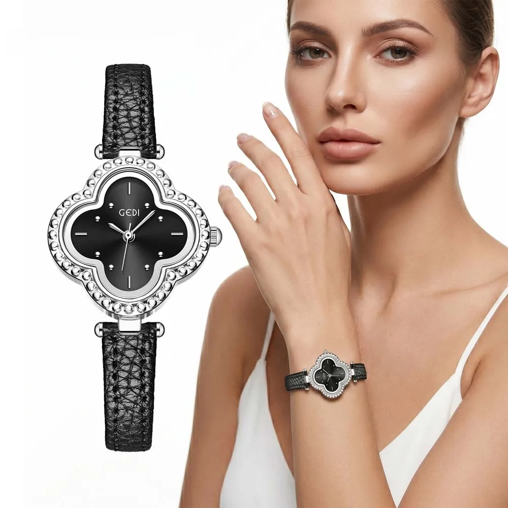 GEDI Fashion Women's Quartz Watch Vintage Four-Leaf Clover Bracelet Watch Niche Design Instagram Worthy Ladies Wristwatch Gift
