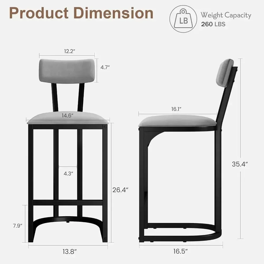 Set of 4 Gray Upholstered Curved Back Metal Counter Height Bar Stools for Kitchen Dining Room - view 2