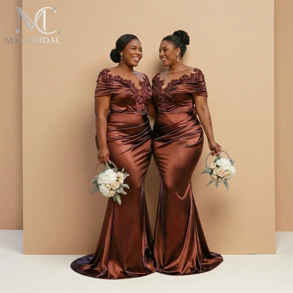 

Hot Selling Brown Mermaid African Bridesmaid Dresses Off The Shoulder Appliques Satin Long Wedding Guest Gowns Wholesale