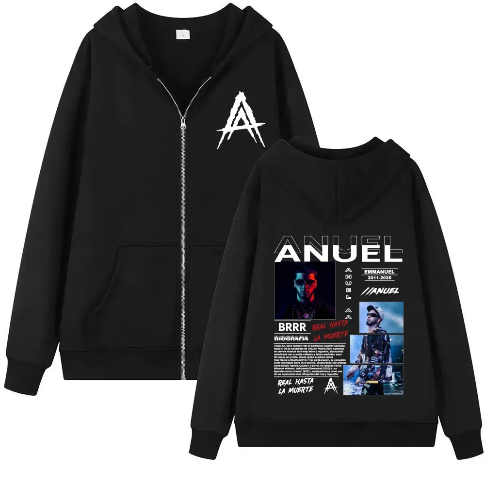 مغني الراب Anuel AA Real Hasta La Muerte 2025 جرافيك سستة هوديس الرجال النساء الهيب هوب البلوز كم طويل زمم معاطف بلوزات #1