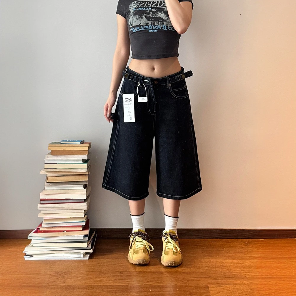 Amerikanische Retro Taille Gerade Bein Lose Jeans orts Frauen Sommer Hohe Taille Schlank High Street Sieben-Fuß Trendy Hosen