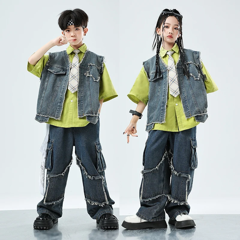 

Hip Hop Girls Denim Vest Pocket Shirt Jeans Boys Jazz Streetwear Dance Baggy Denim Pants Children Clothes Kids Showing Outfits
