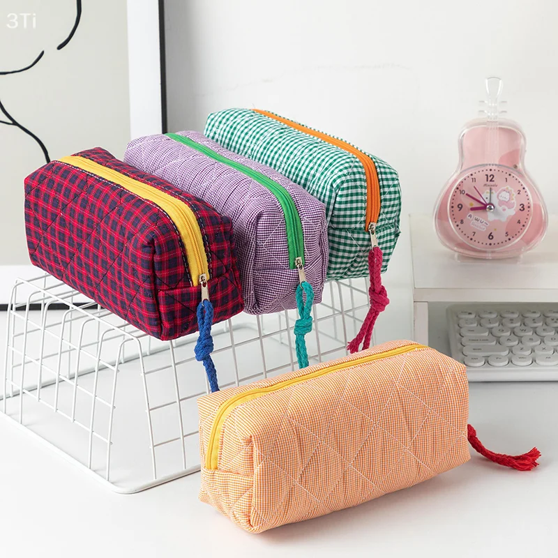 Estuche para lápices a cuadros de Color contrastante acolchado Simple, bolsa de cosméticos de gran capacidad, bolsa de papelería para estudiantes, suministros escolares de viaje