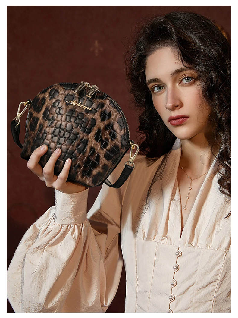 Aidrani Mini Shell Umhängetasche für Damen, Modische Einzel-Schultertasche mit Leopardenmuster, Hochwertiges Rindsleder – Detail 2