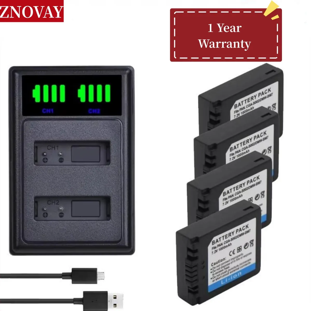 

4Pcs CGA-S002E CGA-S002 DMW-BM7 Battery and Charger for Panasonic CGA S002E S002, Lumix DMC FZ10 FZ20 FZ1 FZ2 FZ3 FZ4 FZ5 FZ15