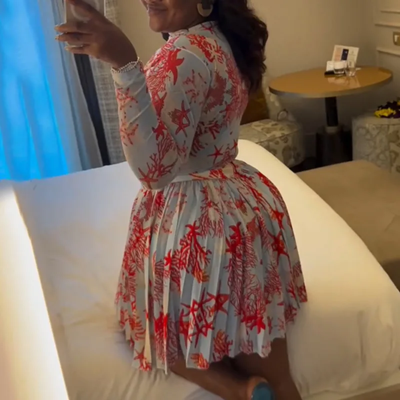 플로럴 프린트 디자이너 여성 가을 투피스 세트 O넥 긴팔 크로스 티셔츠 탑 + 미니 플리츠 스커트 패션 캐주얼 슈트