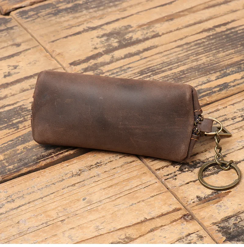 Retro Zipper Coin Purse with Key Chain Small Cow Leather Coin Pouch Shell Shaped Wallet for Men Keys Holder