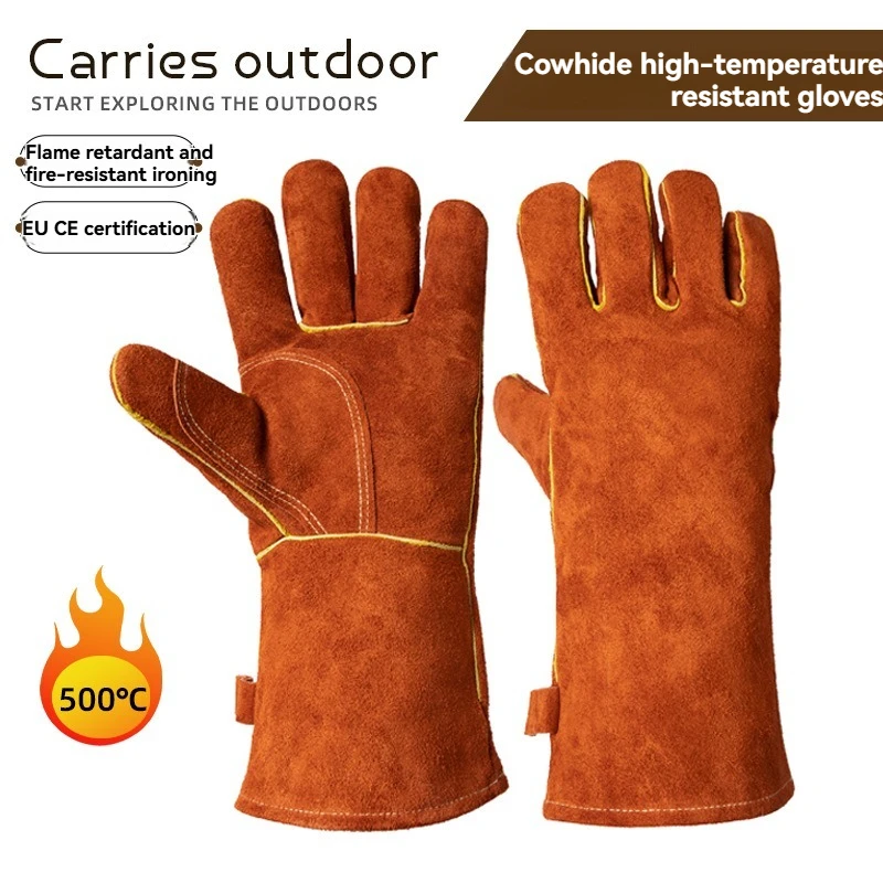 

Long Leather Oven Gloves for Outdoor Camping Barbecue Heat Resistant Anti-Oil Anti-Scalding Gloves for Stove And Grill