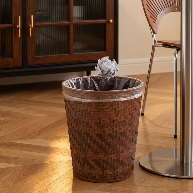 Mid‑Century Style Waste Bin, Imitation Rattan Large Capacity Trash Can for Living Room Bedroom Dorm Kitchen Bathroom Household