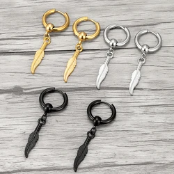 1Pieces Trend Feather Leaf Tassel Eardrop Women Male Stainless Steel Earrings Men Boy Punk street fashion Ear Jewellery Gift Hot