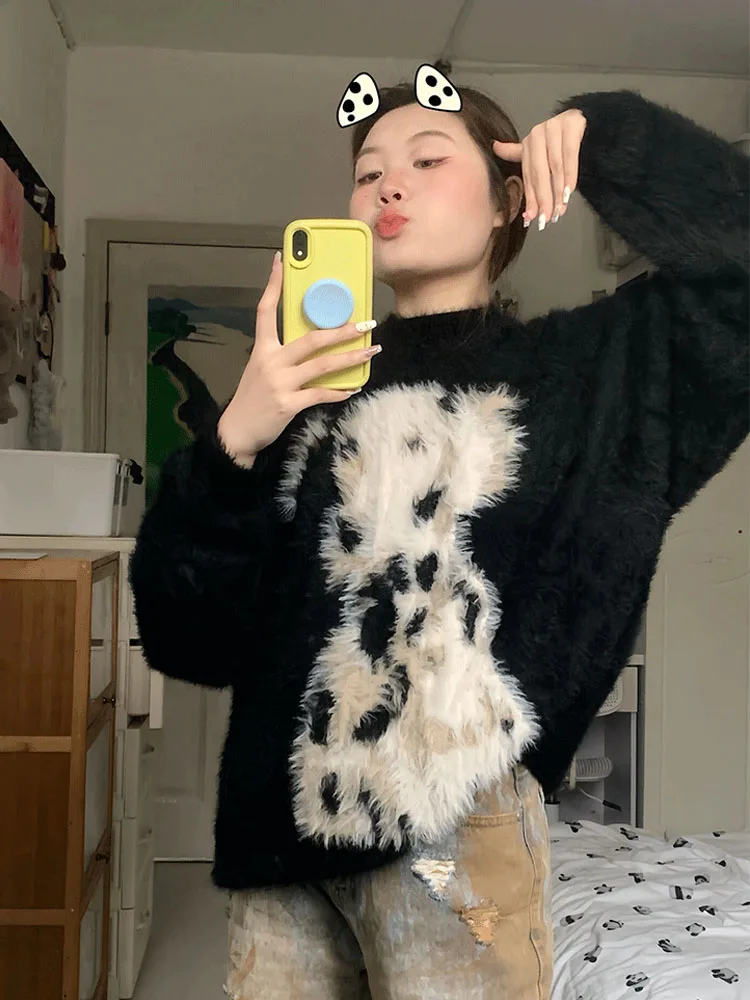 Women Autumn Winter Black Kawaii Cotton Dog Knitwear Jumper O-Neck Long Sleeve Knitted Pullover Cashmere Top Baggy Gothic Korean