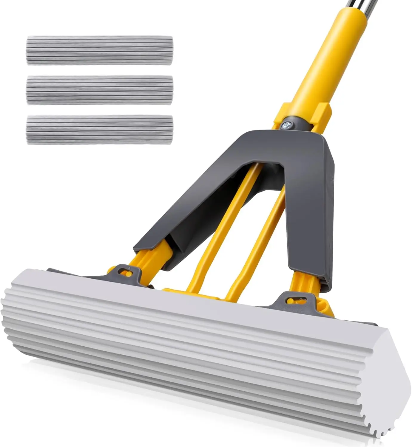 

Sponge Mop,Roller Sponge Mop with3 Absorbent PVA Mop Refills,Self Squeeze Sponge Mops and Stainless Steel Handle,PVA Sponge Mops