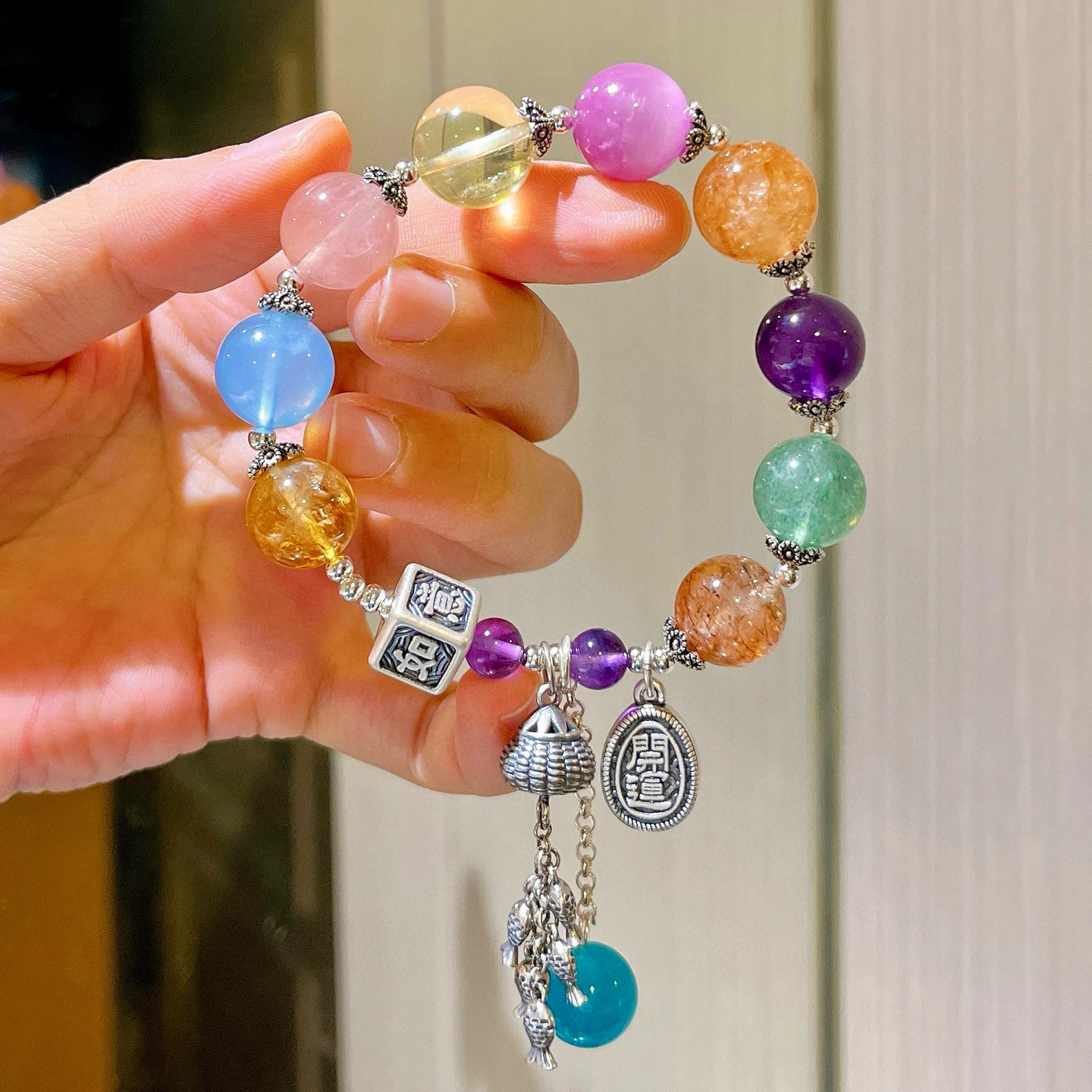 

Браслет из розового кварца с кунцитом, аквамарином, аметистом, цитрином, серебро 925, кристалл с несколькими драгоценными камнями