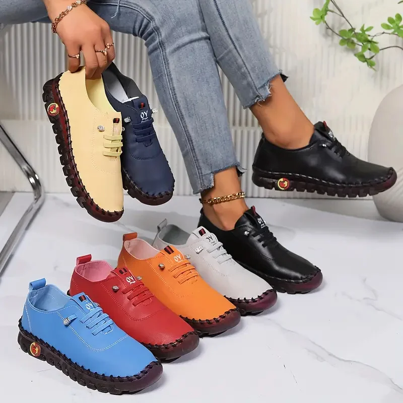 New Women Sneakers Comfortable Soft Leather Loafers Shoes for Women Hand Sewing Thread Mom Shoes Fashion Outdoor Sneakers Women