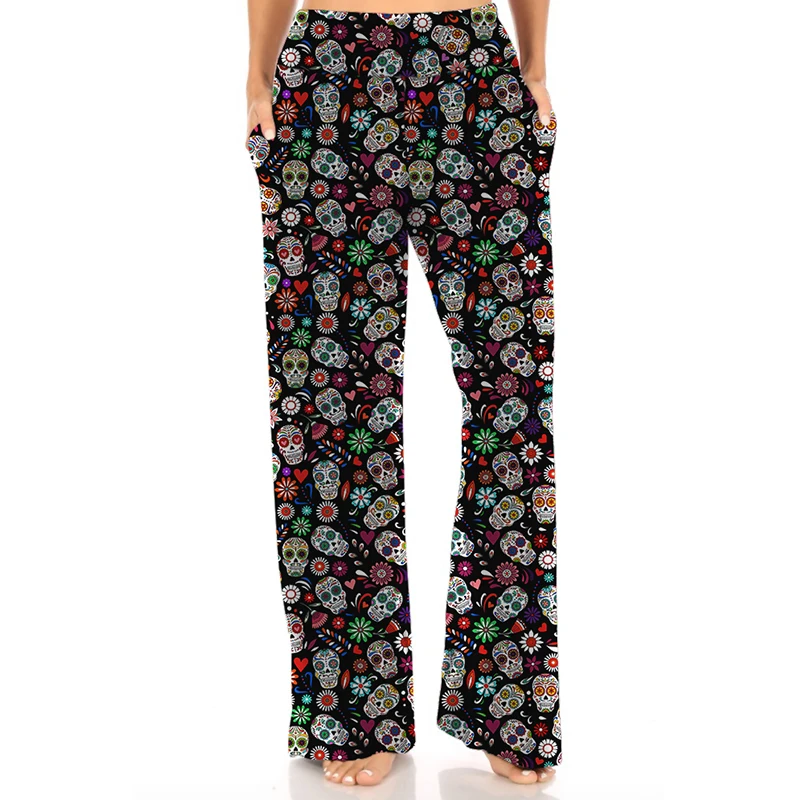 LETSFIND High Quaility Lounger Streetwear Women Skull and Flowers  Print Casual Pants  Fashion Loose Soft Stretch Girls  Pants