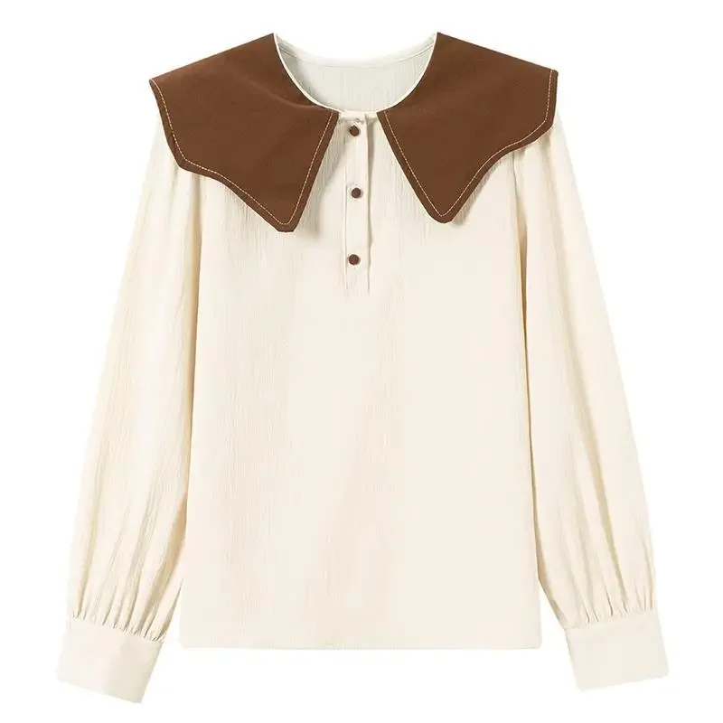 เสื้อเชิ้ตแขนยาวผู้หญิง แต่งระบาย กระดุมผ่าหน้า ชายเสื้อจีบ แขนทรงโคมไฟ สไตล์พรีปปี้ มินิมอล อ่อนหวาน สง่างาม ชุดฤดูใบไม้ผลิ