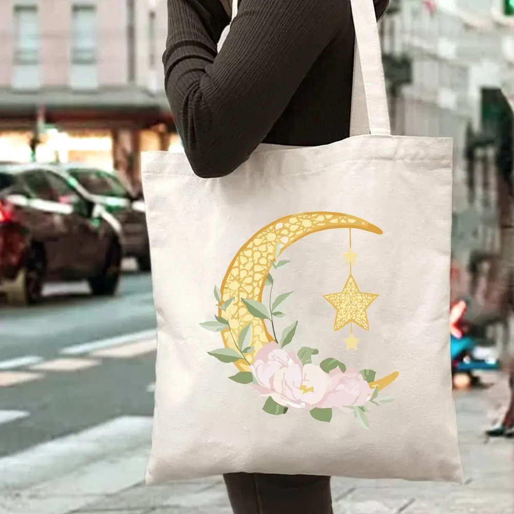 

Стильная холщовая сумка-тоут с дизайном в виде луны и цветов к Рамадану — вместительная, прочная сумка для покупок, пикников, вечеринок и путешествий