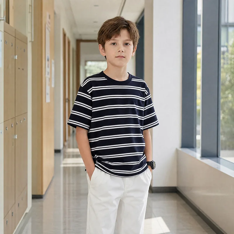 

Kids Boys Summer Striped Cotton T-Shirt Breathable Short Sleeve Casual Tee Loose Fit Korean Style Top for Big Boys Daily Wear