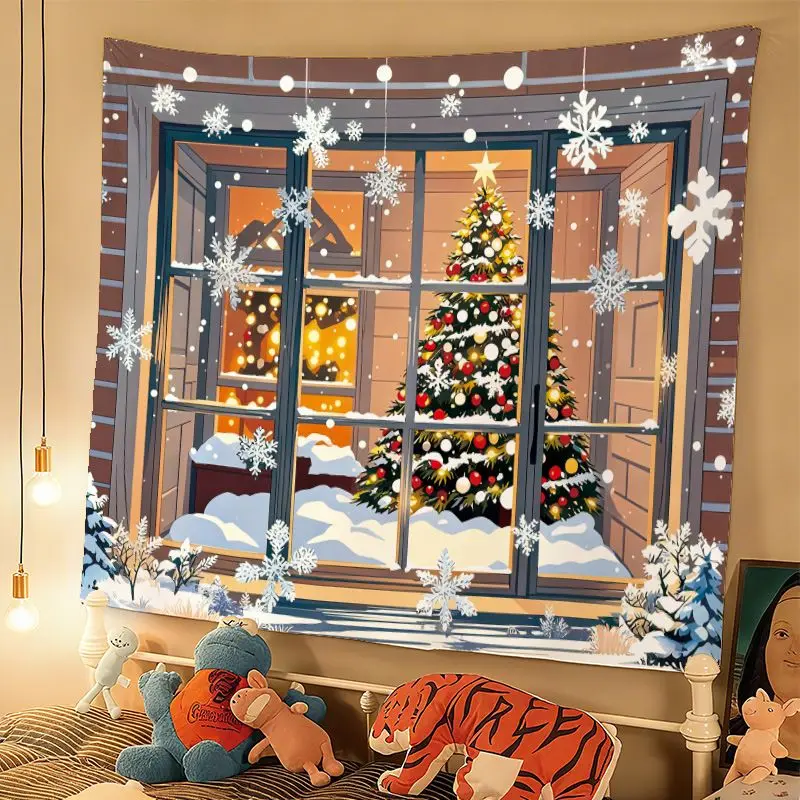 VIKAMA Christmas Window Snow Village Tapestry Winter Xmas Tree Wall Hanging Backdrop for Holiday Party Bedroom Living Decor