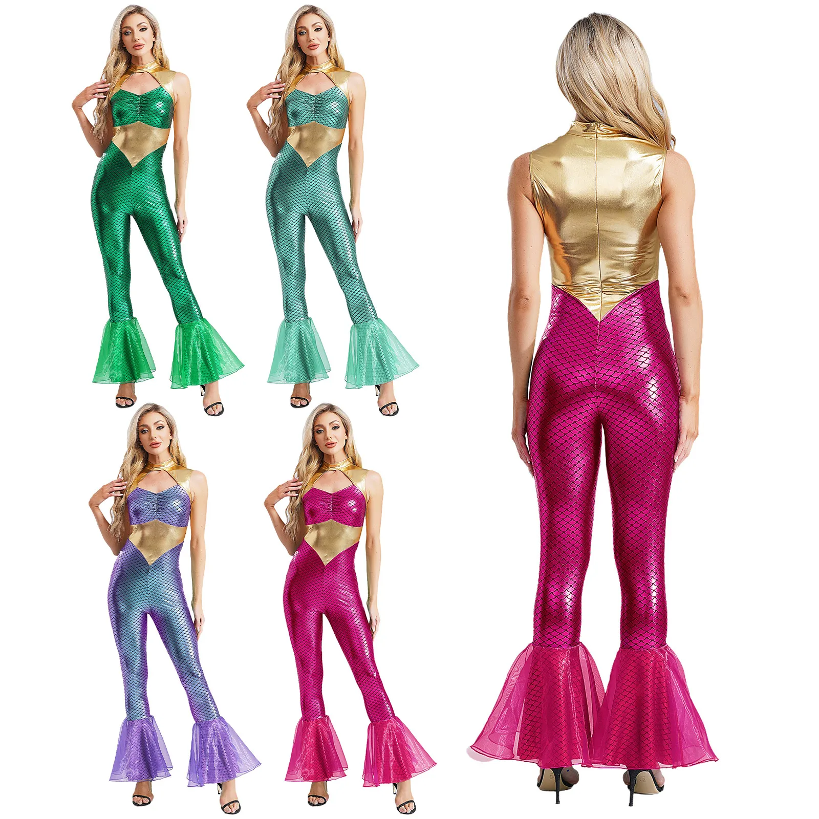 زي حورية البحر للهالوين، بدلة قفز للحفلات التنكرية للنساء، رومبير مع فتحة رقبة وهمية، موازين سمكة معدنية أمامية #2