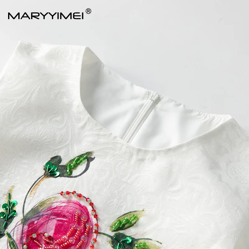 MARYYIMEI Zomer Nieuwe Collectie vrouwen Jurk O-hals Korte Mouwen Jacquard Kralen Witte Jurken